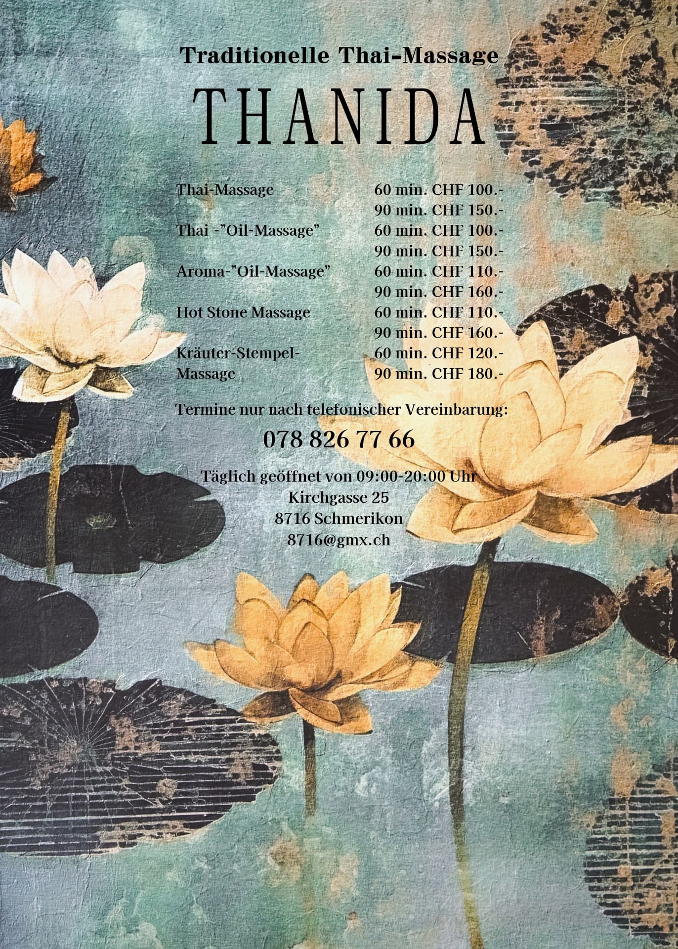 Original-Flyer mit der Preisliste der THANIDA Thai-Massage in Schmerikon